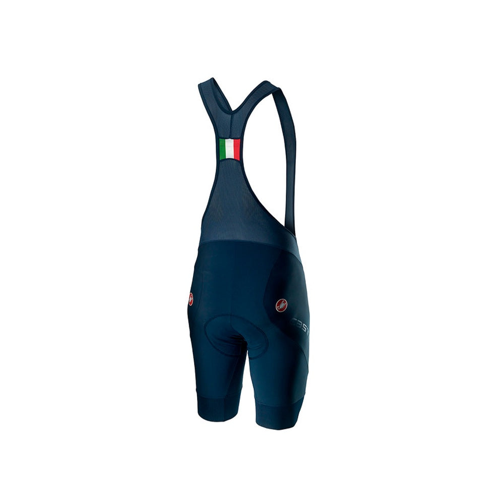 Bibshort Castelli Italia 2.0 azul oscuro, vista posterior con bandera italiana en tirantes