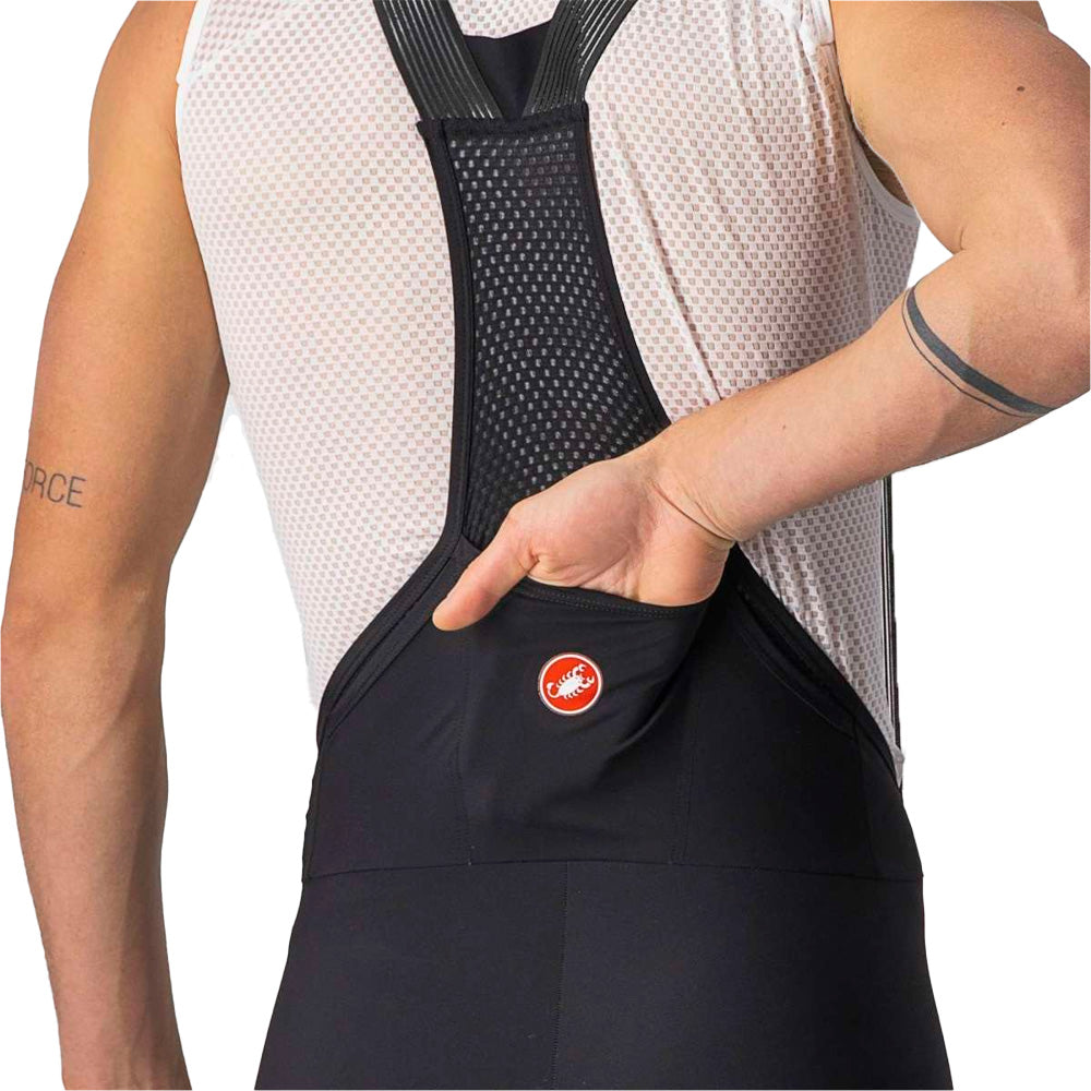 Bibshort Castelli Unlimited Ultimate Liner negro, detalle del bolsillo posterior y tirantes.