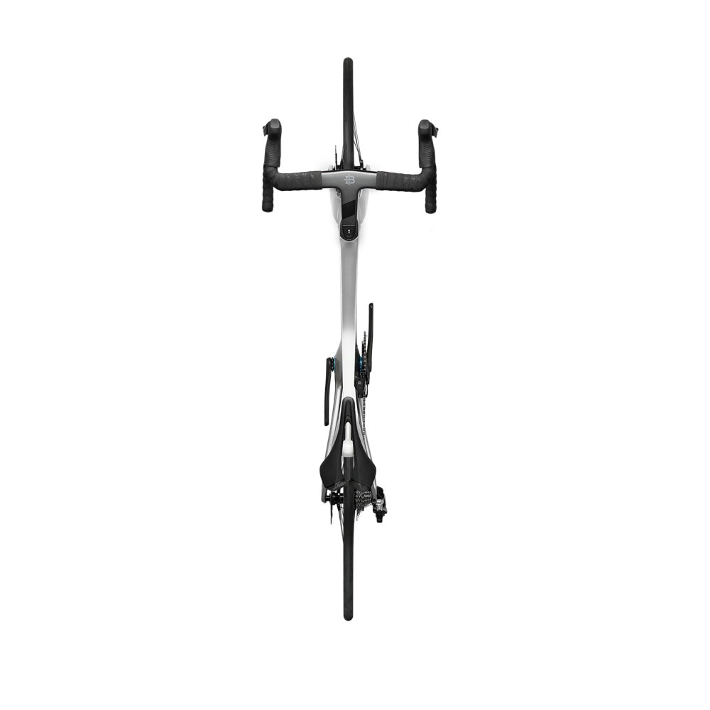 Bicicleta Factor Ostro VAM 2.0 Arctic Chrome en vista superior del manubrio y cuadro