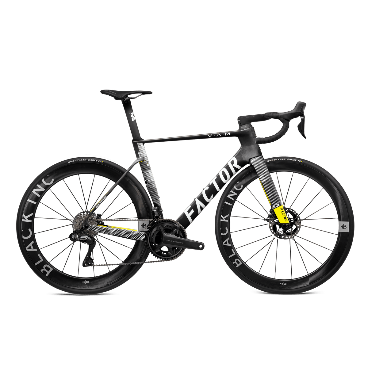 Bicicleta Factor Ostro VAM 2.0 Geometric en vista lateral con detalles amarillos y ruedas Black Inc