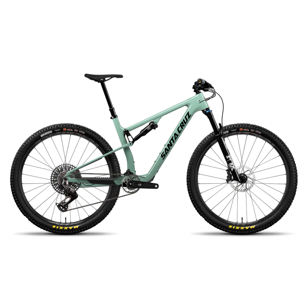 Bicicleta Santa Cruz Blur V4 C 29 Kit 90 verde menta vista de lado sobre fondo blanco.
