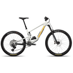 Bicicleta Santa Cruz Bronson V4 blanca con detalles amarillos en vista lateral completa.