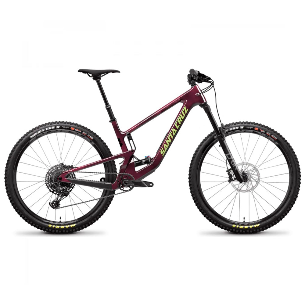 Bicicleta Santa Cruz Hightower granate en vista lateral completa sobre fondo blanco.