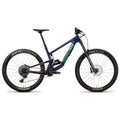 Bicicleta Santa Cruz Megatower azul oscuro en vista lateral completa sobre fondo blanco.