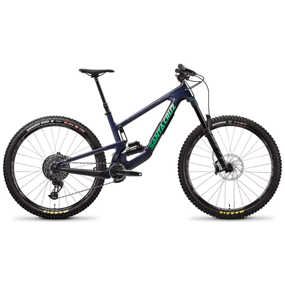 Bicicleta Santa Cruz Megatower C Kit T-Type 90 azul vista lateral sobre fondo blanco.