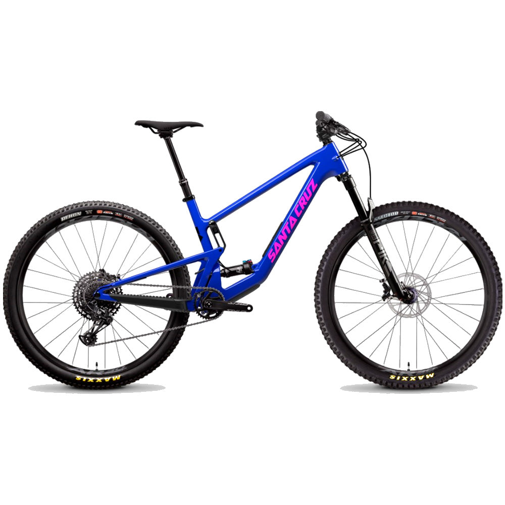 Bicicleta Santa Cruz Tallboy azul en vista lateral completa sobre fondo blanco.