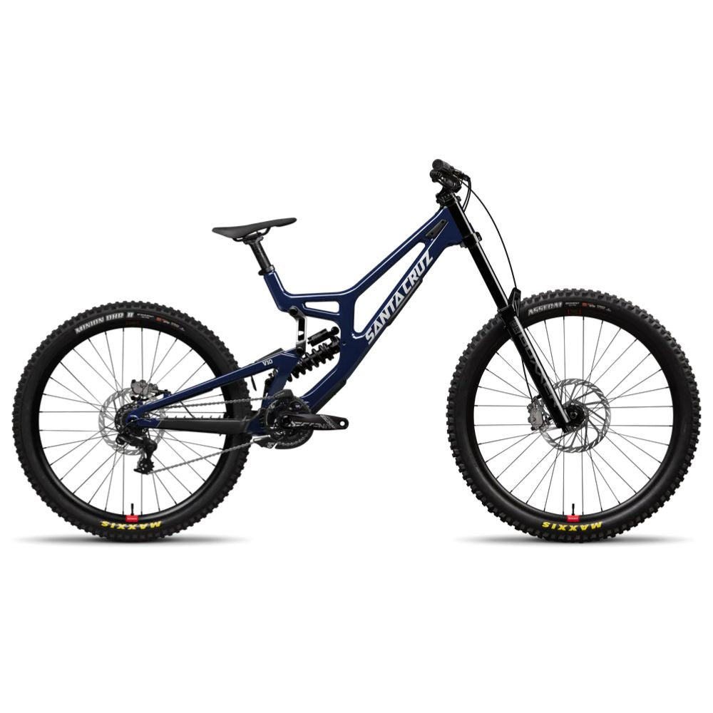 Bicicleta Santa Cruz V10 azul en vista lateral completa sobre fondo blanco.