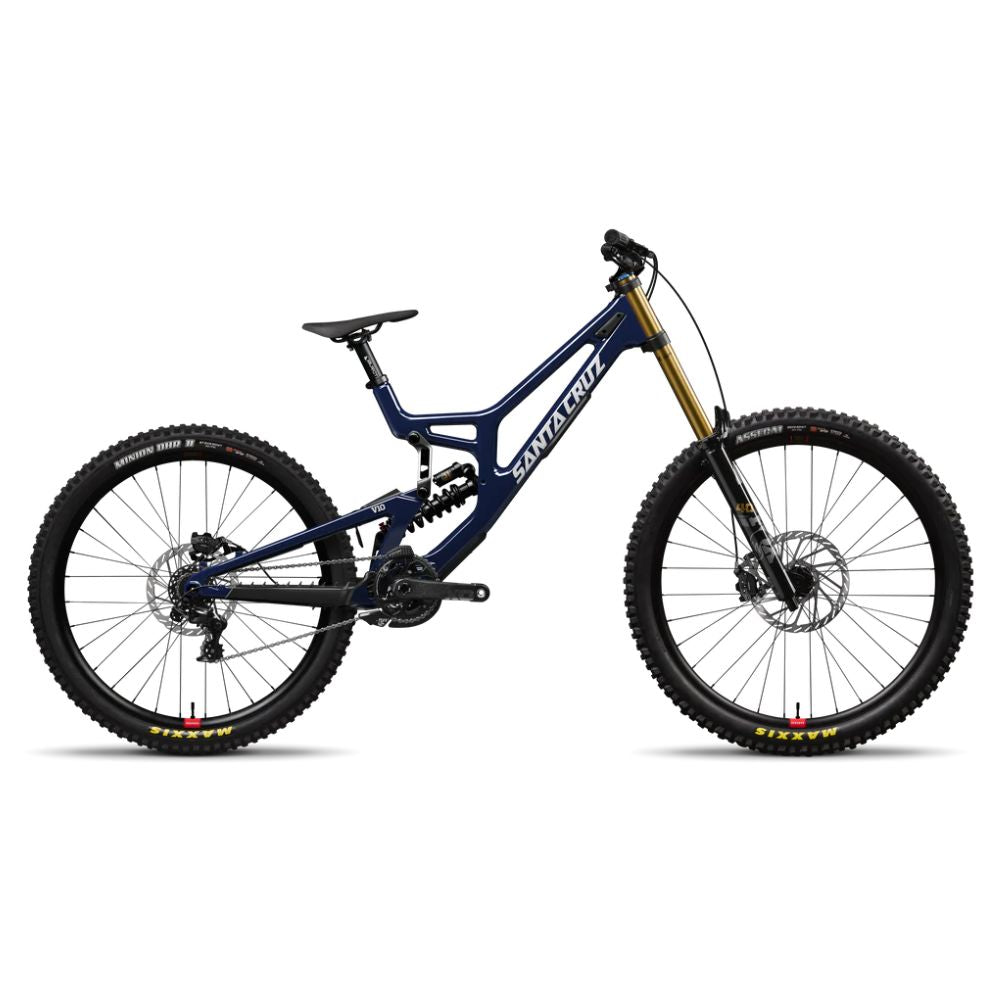 Bicicleta Santa Cruz V10 CC MX Kit X01 azul vista de lado sobre fondo blanco.
