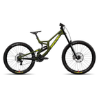 Bicicleta Santa Cruz V10 verde oliva en vista lateral completa sobre fondo blanco.