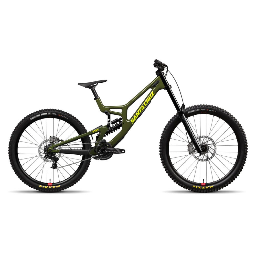 Bicicleta Santa Cruz V10 verde oliva en vista lateral completa sobre fondo blanco.
