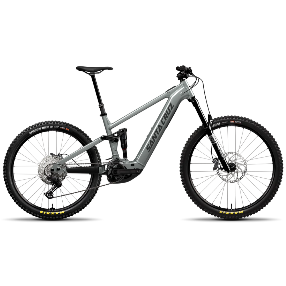 Bicicleta eléctrica Santa Cruz Vala AL MX Kit Deore gris vista de lado sobre fondo blanco.