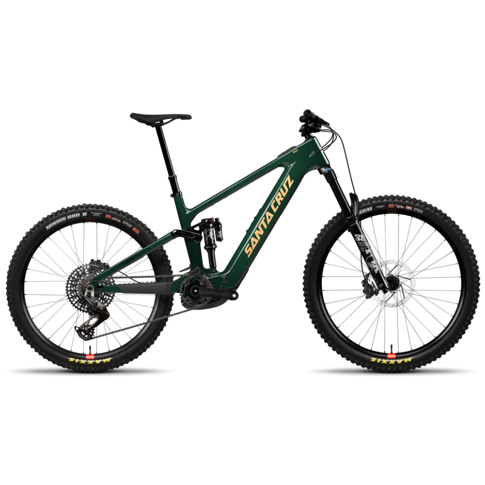 Bicicleta eléctrica Santa Cruz Vala C MX Kit 90 verde vista de lado sobre fondo blanco.