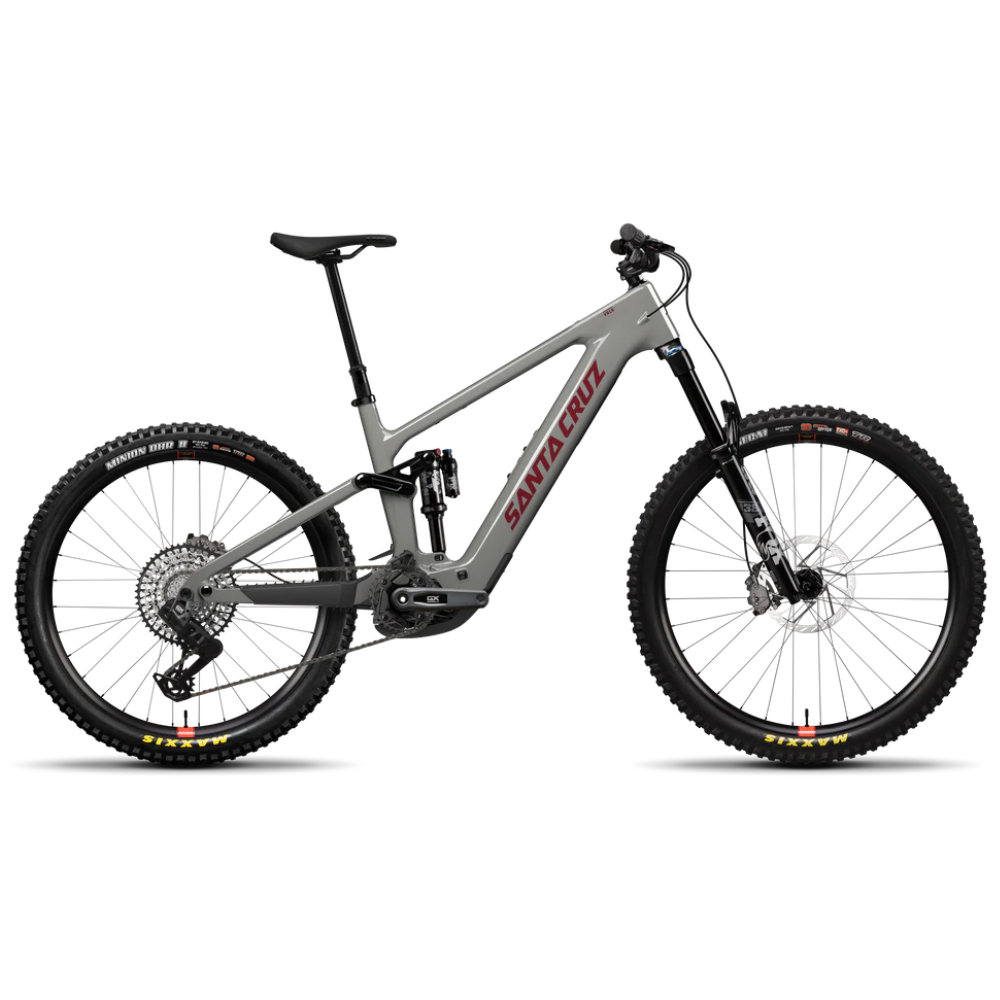 Bicicleta eléctrica Santa Cruz Vala C MX Kit GX AXS gris vista de lado sobre fondo blanco.