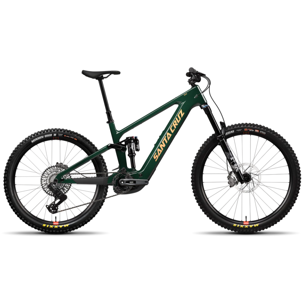 Bicicleta eléctrica Santa Cruz Vala C MX Kit GX AXS verde vista de lado sobre fondo blanco.