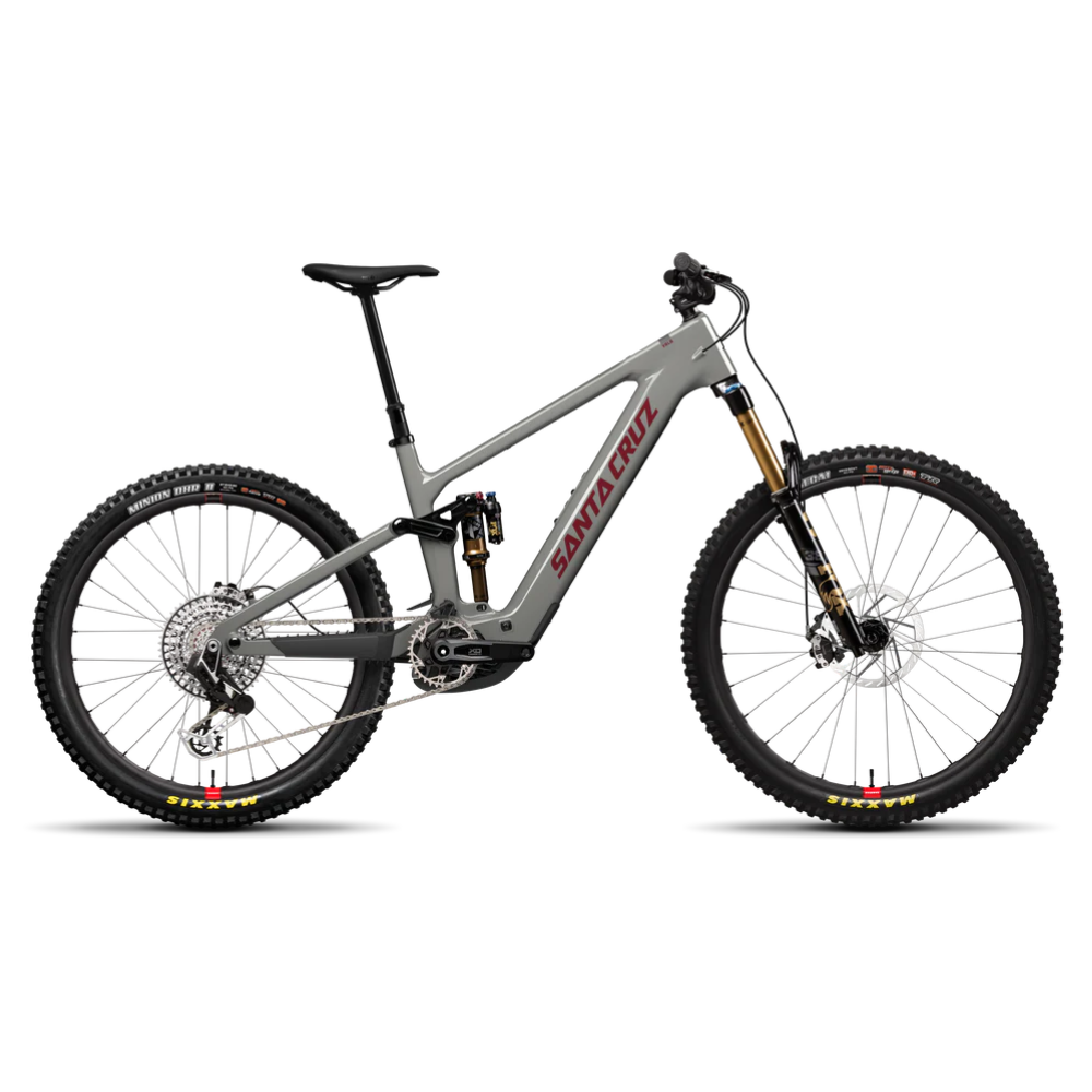 Bicicleta eléctrica Santa Cruz Vala CC MX Kit X0 AXS RSV gris vista de lado sobre fondo blanco.