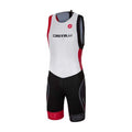 Body Castelli Short Distance blanco y rojo con pantalón negro, visto de frente.