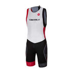 Body Castelli Short Distance blanco y rojo con pantalón negro, visto de frente.