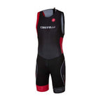 Body Castelli Short Distance negro y rojo, visto de frente con detalles rojos en las piernas.