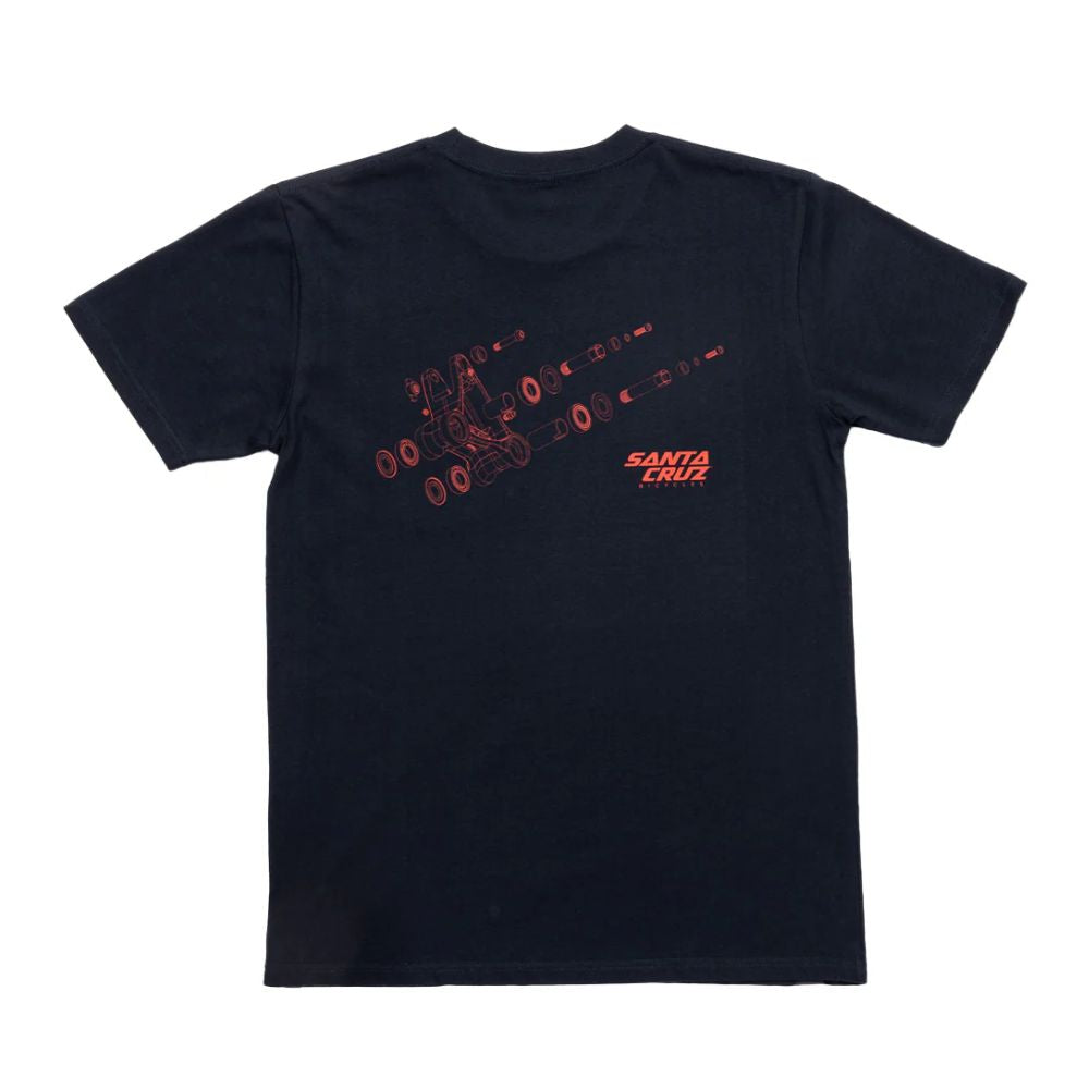 Camiseta Santa Cruz Assembly Stash Tee azul marino vista posterior con gráfico técnico naranja.