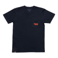 Camiseta Santa Cruz Assembly Stash Tee azul marino vista frontal con bolsillo y logo naranja.