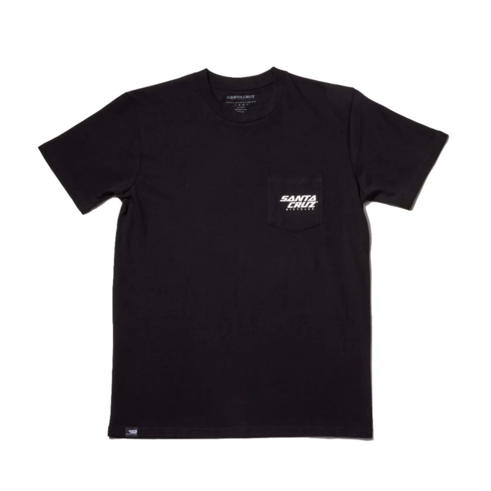 Camiseta Santa Cruz Stash Pocket Tee negra vista frontal con bolsillo y logo blanco.