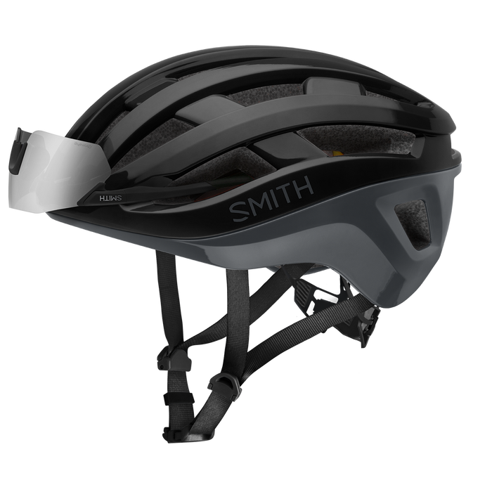 Casco Smith Persist Mips Black Cement con gafas almacenadas en los canales frontales, vista lateral