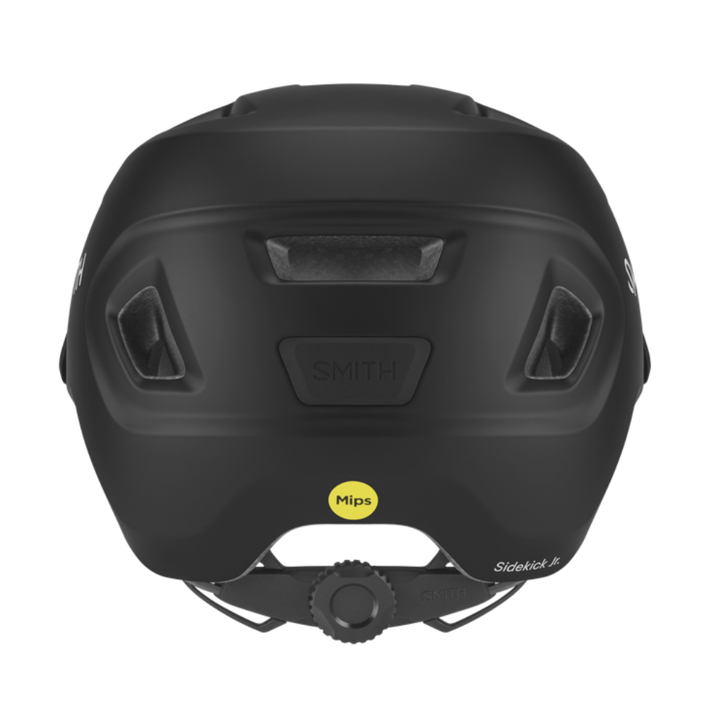 Casco infantil Smith Sidekick Jr Matte Black con Mips y dial de ajuste, vista posterior sobre fondo blanco