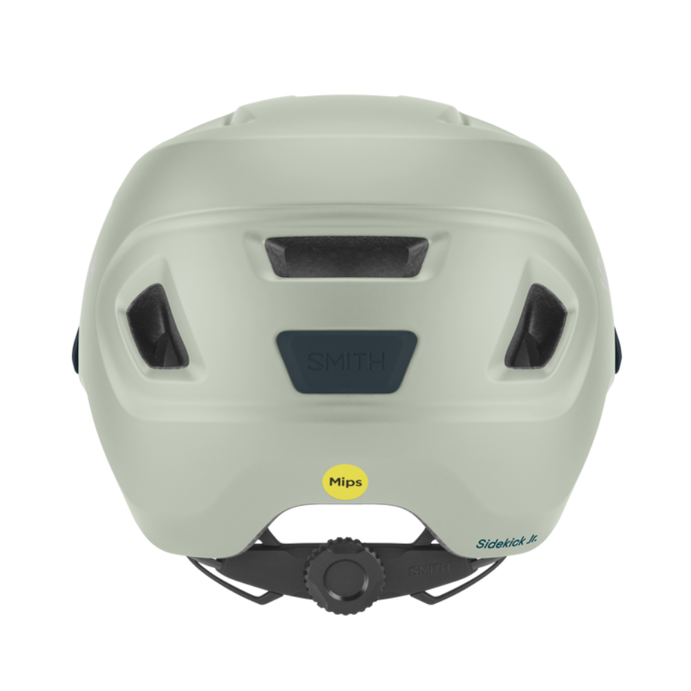 Casco infantil Smith Sidekick Jr Matte Dew Drop con Mips y dial de ajuste, vista posterior sobre fondo blanco