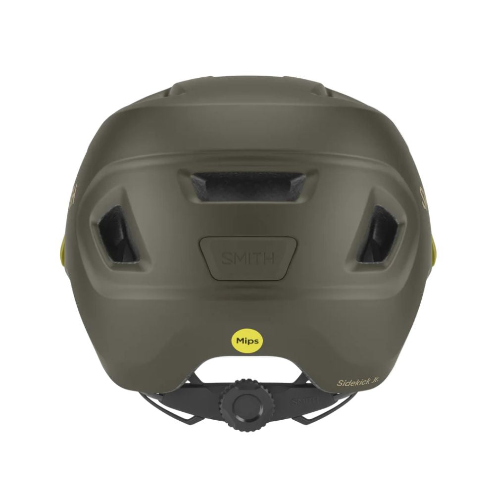 Casco infantil Smith Sidekick Jr Matte Forest con Mips y dial de ajuste, vista posterior sobre fondo blanco