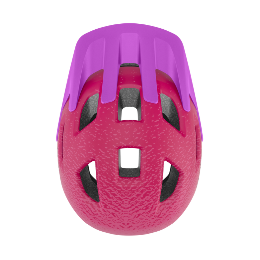 Casco infantil Smith Sidekick Jr Matte Lollipop Fade rosa con visera morada y ventilaciones, vista superior sobre fondo blanco