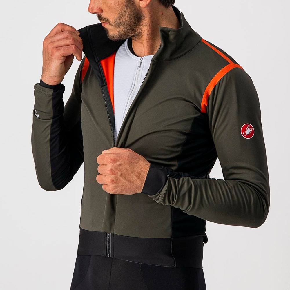 Chaqueta Castelli Alpha RoS 2 Military Green, detalle de cremallera y cuello