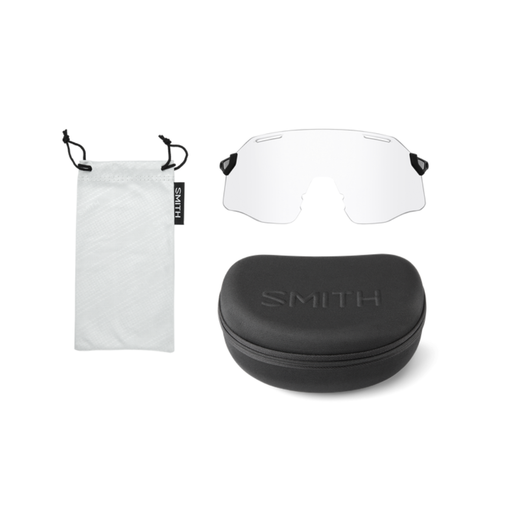Accesorios de las gafas Smith Vert Running con lente transparente de repuesto, estuche rígido y bolsa de microfibra