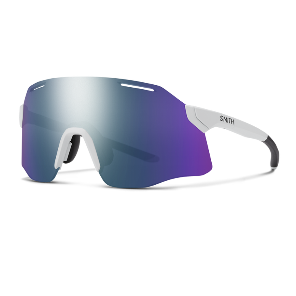 Gafas Smith Vert Running blancas con lente violeta espejo ChromaPop, vista frontal en tres cuartos