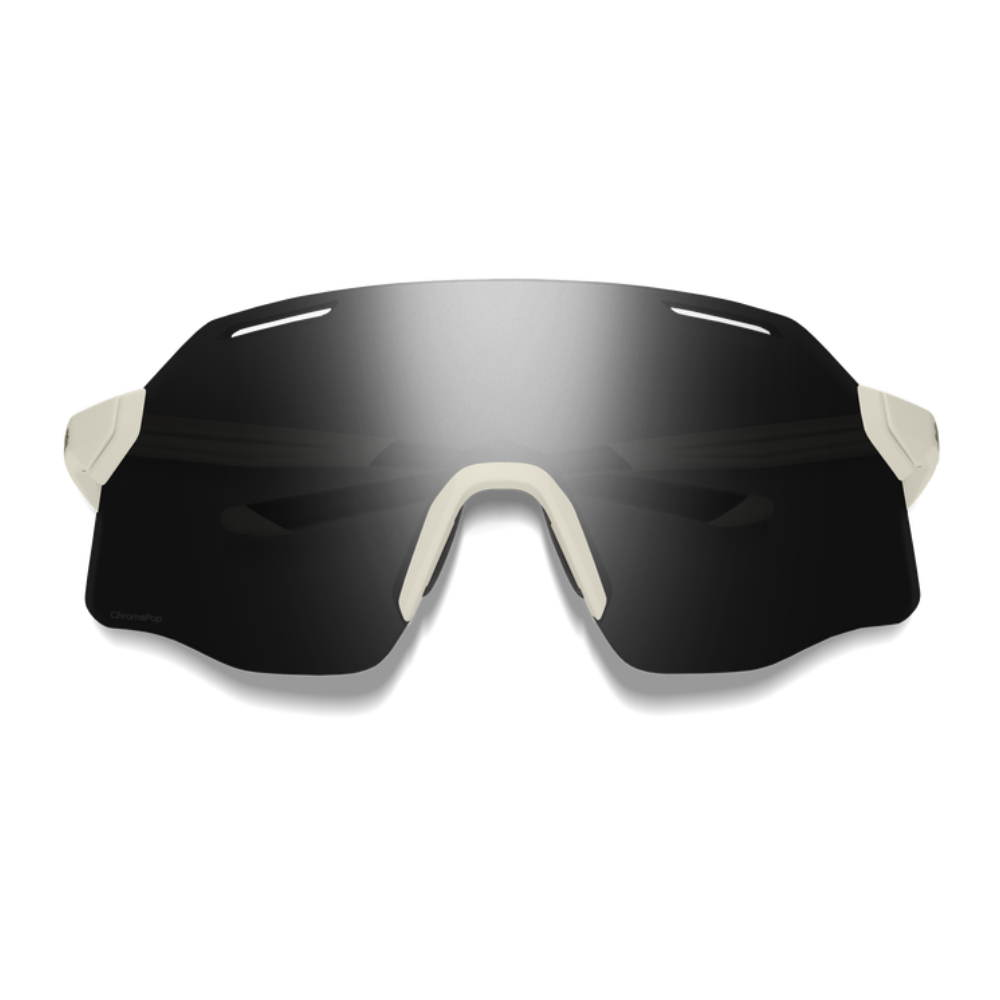 Gafas Smith Vert Running Matte Bone con lente negra espejo ChromaPop, vista frontal directa sobre fondo blanco