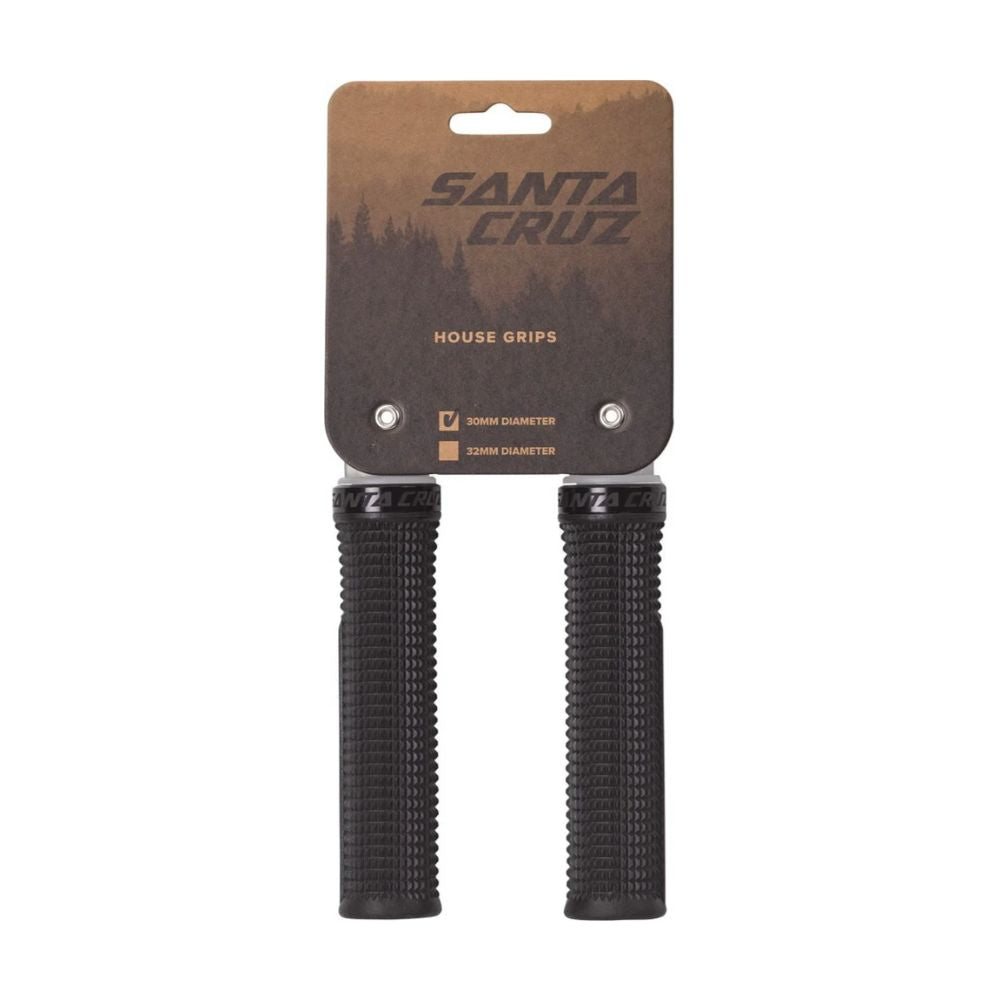 Par de grips Santa Cruz House negros presentados en su empaque frontal
