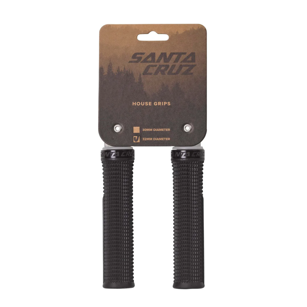 Par de grips Santa Cruz House negros en vista frontal con empaque