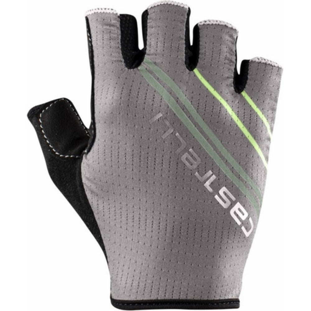 Guante Castelli Dolcissima 2 gris Gunmetal, vista del dorso con líneas verdes y logo blanco.