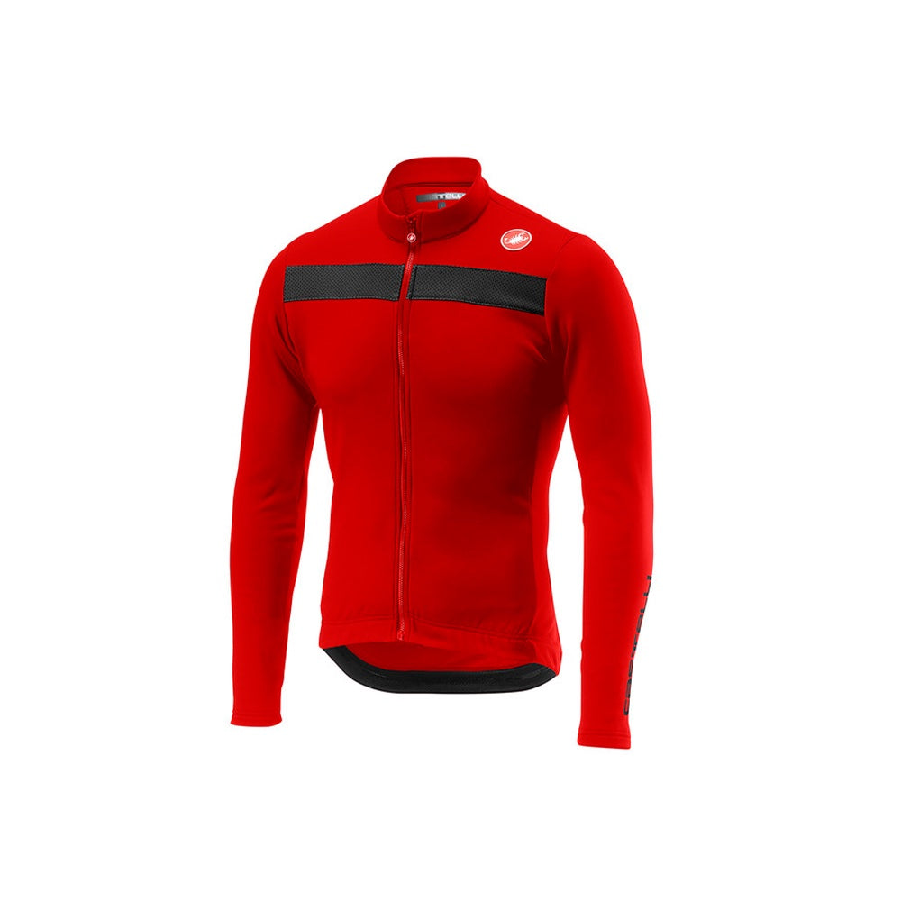 Jersey Castelli Puro 3 FZ rojo de manga larga, vista frontal con banda reflectante negra