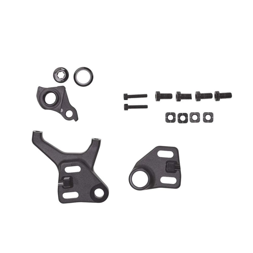 Kit de uña Santa Cruz Chameleon V8 27.5 con soportes y tornillería negros sobre fondo blanco
