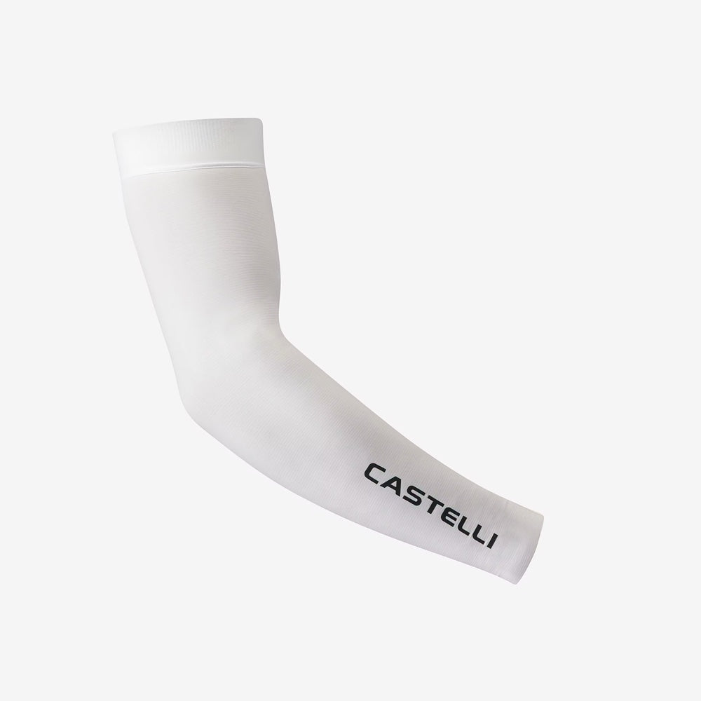 Manguilla Castelli UPF 50+ Light Arm 3 blanca, vista extendida con logo negro y banda superior.