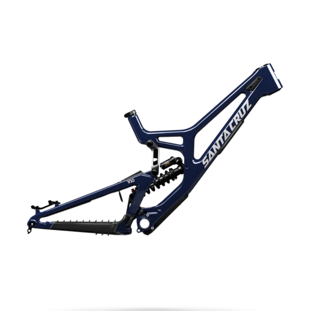 Marco Santa Cruz V10 CC azul con logotipo blanco y amortiguador de resorte, visto de lado.