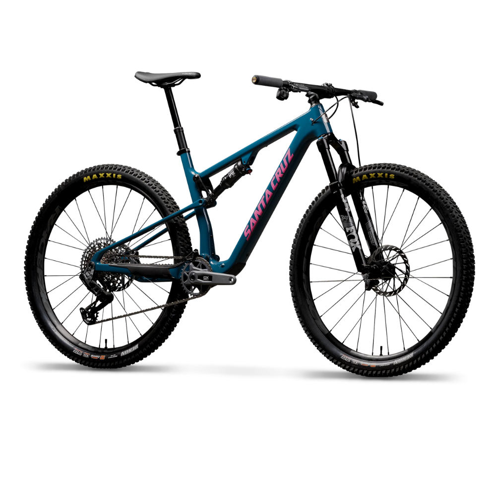 Bicicleta Santa Cruz Blur V4 C GX AXS azul en vista de tres cuartos