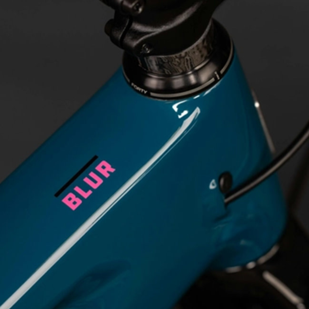 Detalle del tubo de dirección azul con gráfica Blur rosada de Santa Cruz